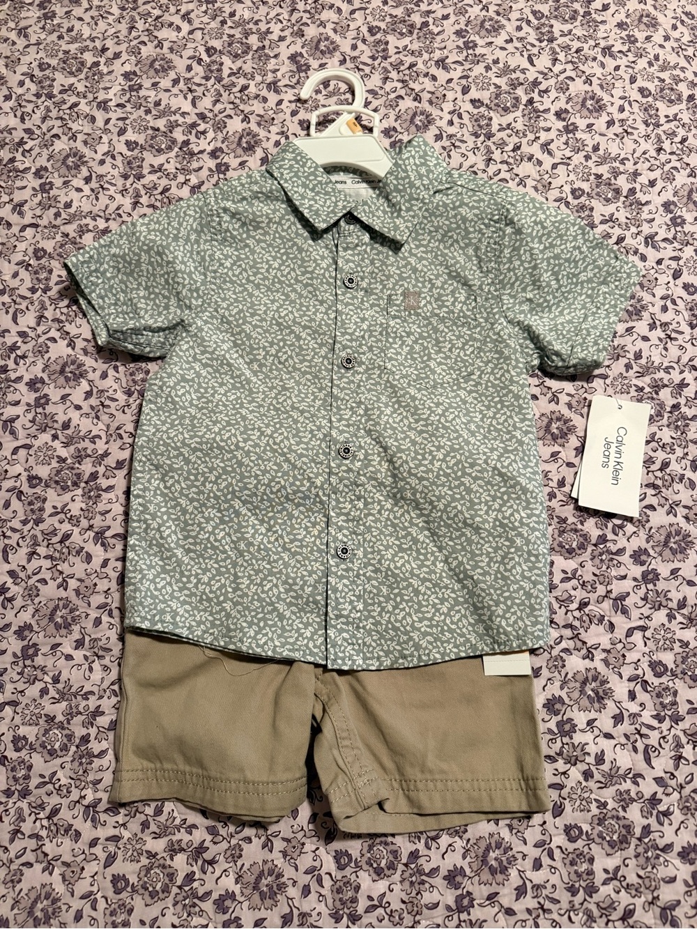 Calvin Klein Jeans 2-piece Light Green Leaf-Print Button-Down Shirt khaki pants